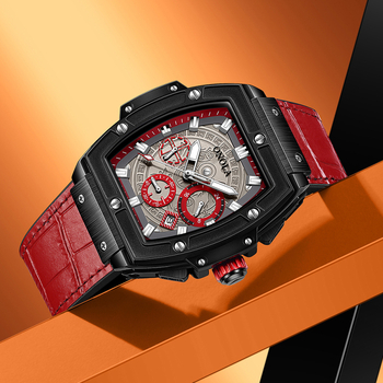 ONOLA Автоматичен механичен мъжки часовник с кожена каишка, 30m водоустойчивост, луминесцентен календар и 24-часов индикатор