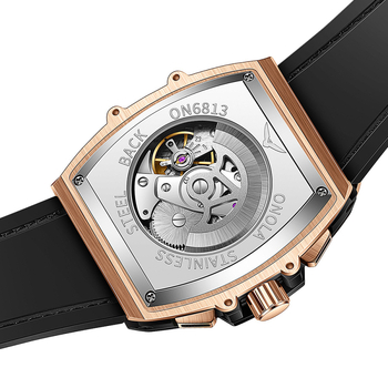 ONOLA Автоматичен механичен мъжки часовник с кожена каишка, 30m водоустойчивост, луминесцентен календар и 24-часов индикатор