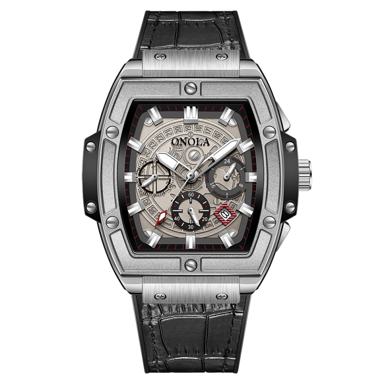 ONOLA Автоматичен механичен мъжки часовник с кожена каишка, 30m водоустойчивост, луминесцентен календар и 24-часов индикатор