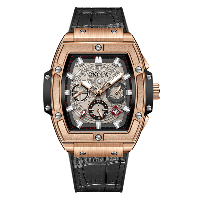 ONOLA Автоматичен механичен мъжки часовник с кожена каишка, 30m водоустойчивост, луминесцентен календар и 24-часов индикатор