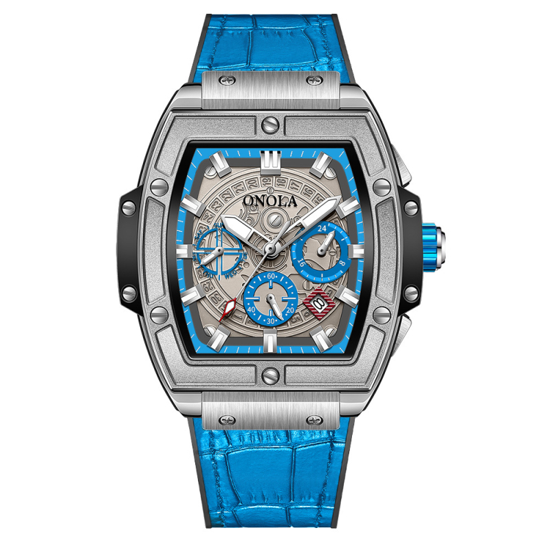 ONOLA Автоматичен механичен мъжки часовник с кожена каишка, 30m водоустойчивост, луминесцентен календар и 24-часов индикатор