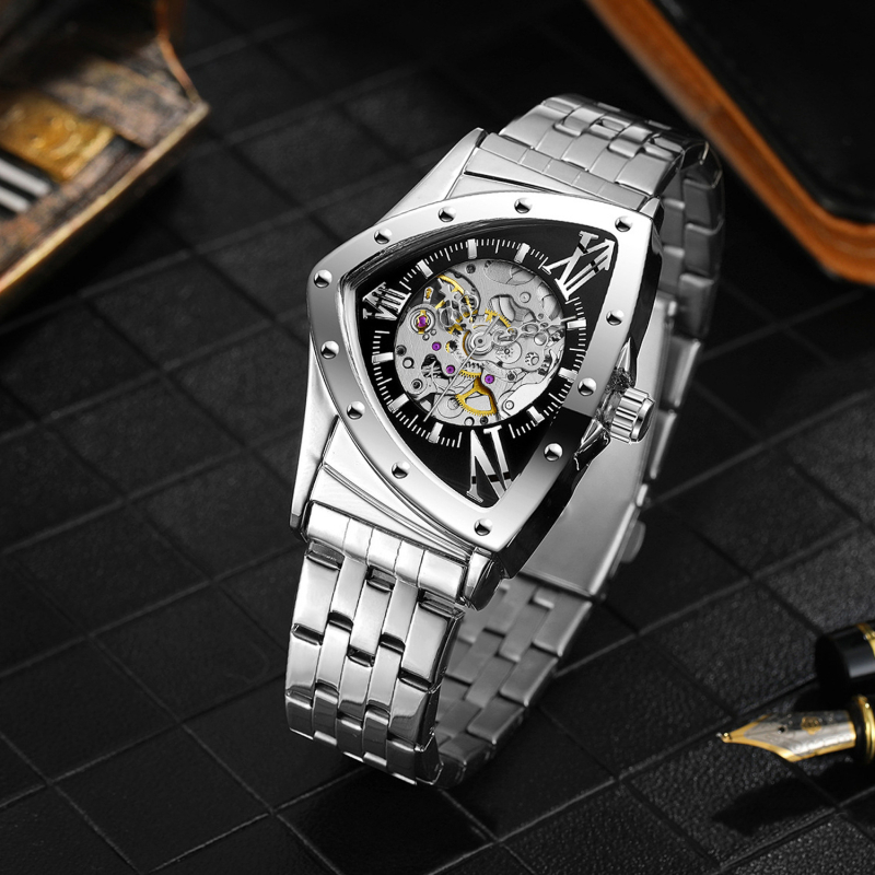 Механичен мъжки часовник Duke of Luolin, модел 1199, автоматично навиване на механизма, диамантен циферблат, стоманена гривна