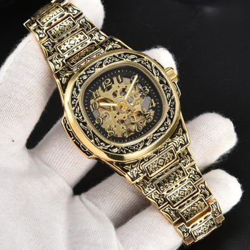 Longlux автоматичен механичен часовник – ретро гравиран циферблат с изрези, водоустойчив 30 м, аналогов дисплей с цифри, корпус от сплав