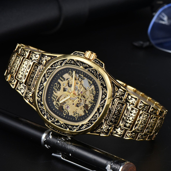 Longlux автоматичен механичен часовник – ретро гравиран циферблат с изрези, водоустойчив 30 м, аналогов дисплей с цифри, корпус от сплав