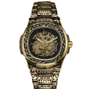 Longlux автоматичен механичен часовник – ретро гравиран циферблат с изрези, водоустойчив 30 м, аналогов дисплей с цифри, корпус от сплав