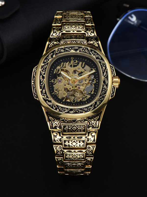 Longlux автоматичен механичен часовник – ретро гравиран циферблат с изрези, водоустойчив 30 м, аналогов дисплей с цифри, корпус от сплав