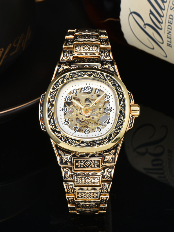 Longlux автоматичен механичен часовник – ретро гравиран циферблат с изрези, водоустойчив 30 м, аналогов дисплей с цифри, корпус от сплав