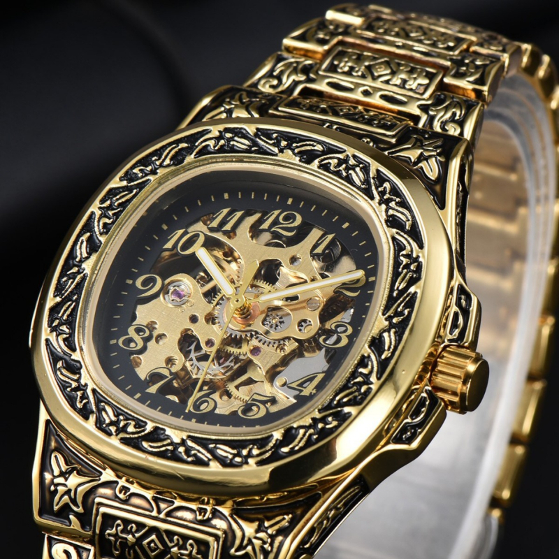 Longlux автоматичен механичен часовник – ретро гравиран циферблат с изрези, водоустойчив 30 м, аналогов дисплей с цифри, корпус от сплав