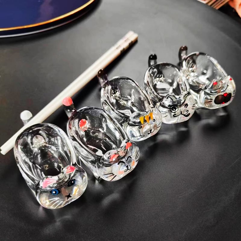 Stiklinė padažų lėkštutė su kačių motyvu, neįprastos formos, kūrybingas stilius, atsparus karščiui, rankomis nupiešta paviršius