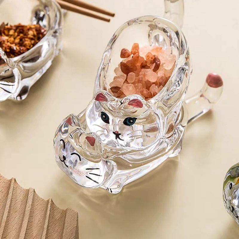 Stiklinė padažų lėkštutė su kačių motyvu, neįprastos formos, kūrybingas stilius, atsparus karščiui, rankomis nupiešta paviršius