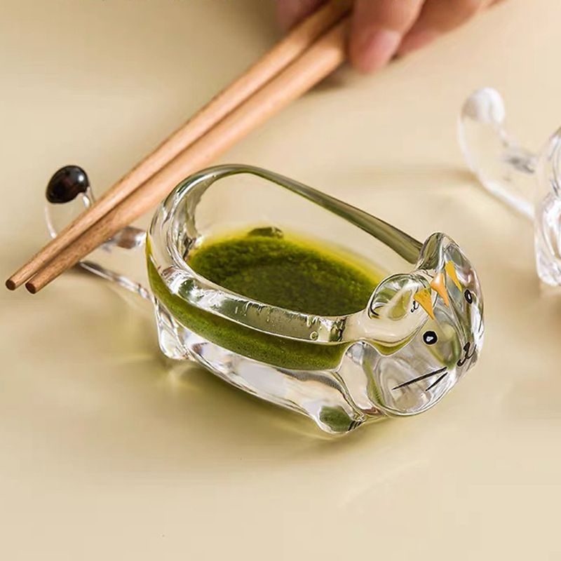 Stiklinė padažų lėkštutė su kačių motyvu, neįprastos formos, kūrybingas stilius, atsparus karščiui, rankomis nupiešta paviršius