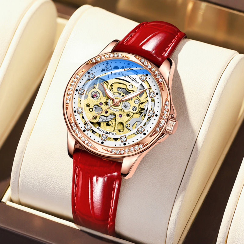 Дамски механичен часовник Duke of Lorraine с ажурен кант във форма на лист, метална кутия, стоманен каиш, люминесцентен дисплей, водоустойчивост 30 m