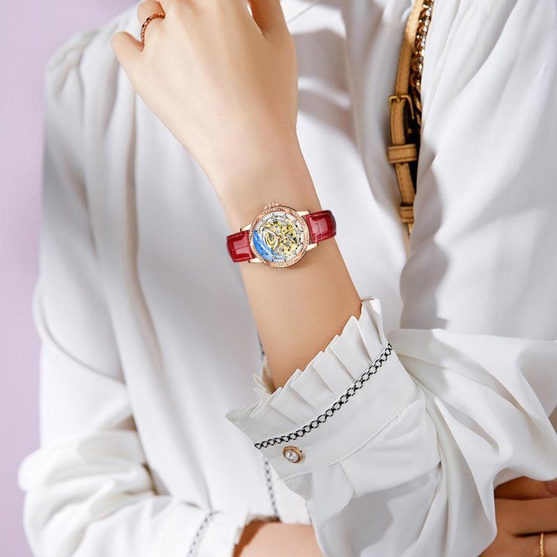 Дамски механичен часовник Duke of Lorraine с ажурен кант във форма на лист, метална кутия, стоманен каиш, люминесцентен дисплей, водоустойчивост 30 m