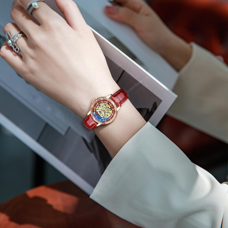 Дамски механичен часовник Duke of Lorraine с ажурен кант във форма на лист, метална кутия, стоманен каиш, люминесцентен дисплей, водоустойчивост 30 m