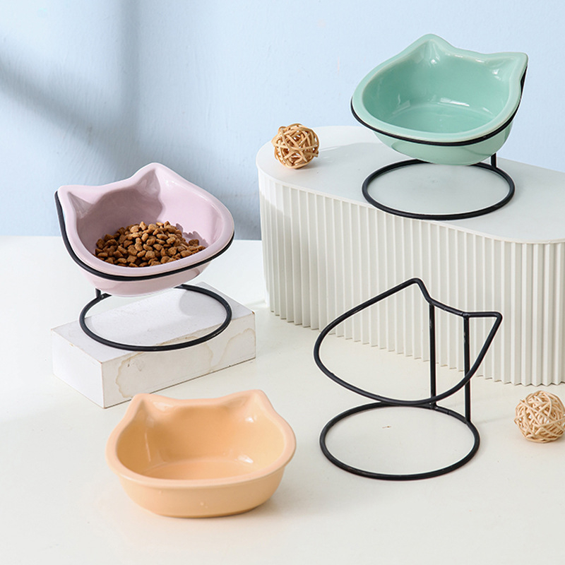Κεραμικό μπολ για γάτες με μεταλλικό πλαίσιο, γωνιακή τροφοδοσία και στήριξη αυχένα, 400 g