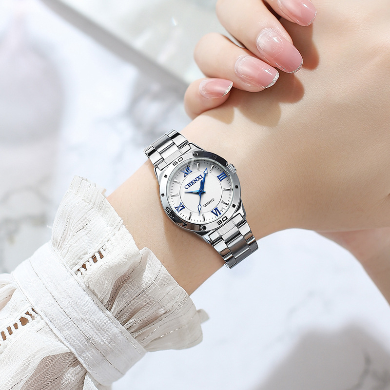 Ceas pentru cuplu cu mecanism quartz luminos, rezistent la apă 30M, brățară din oțel inoxidabil, carcasă din aliaj, model CX-027B