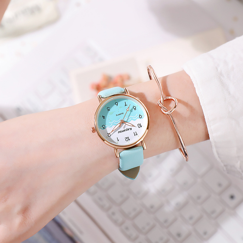 Školski sat u korejskom stilu, kvarcni mehanizam Seagull 05553, okrugli brojčanik, kožni remen od lažne kože