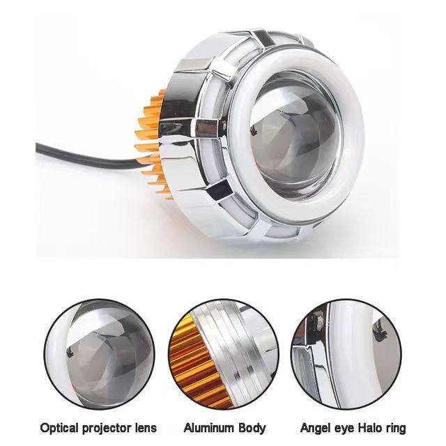 LED motocikla priekšējais lukturis ar eņģeļu acīm un dubultu atveri, alumīnija korpuss, IP68, 12V, 1500 lm