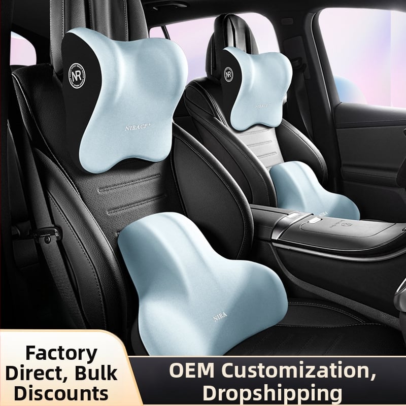 Automobiļa jostas atbalsta un galvas balsts ar atmiņas putām, materiāls Milk Silk, raksts Buddo, iespēja logotipa drukāšanai, universāla savietojamība