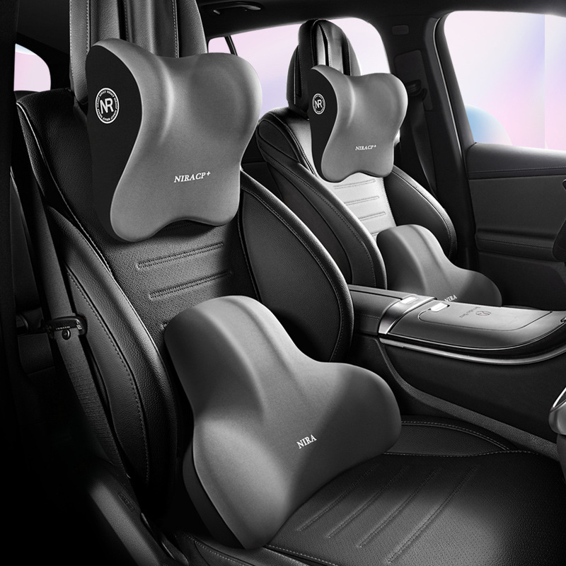 Automobiļa jostas atbalsta un galvas balsts ar atmiņas putām, materiāls Milk Silk, raksts Buddo, iespēja logotipa drukāšanai, universāla savietojamība