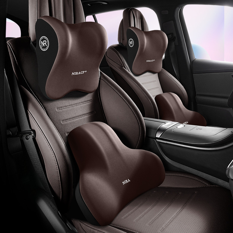 Automobiļa jostas atbalsta un galvas balsts ar atmiņas putām, materiāls Milk Silk, raksts Buddo, iespēja logotipa drukāšanai, universāla savietojamība