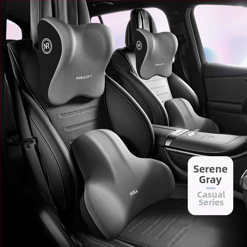 Automobiļa jostas atbalsta un galvas balsts ar atmiņas putām, materiāls Milk Silk, raksts Buddo, iespēja logotipa drukāšanai, universāla savietojamība