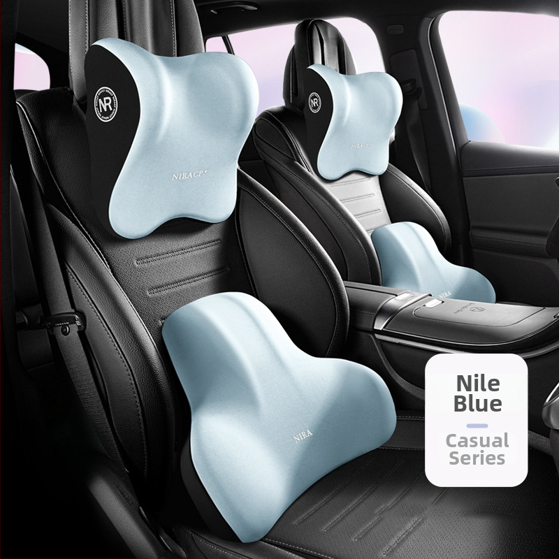 Automobiļa jostas atbalsta un galvas balsts ar atmiņas putām, materiāls Milk Silk, raksts Buddo, iespēja logotipa drukāšanai, universāla savietojamība