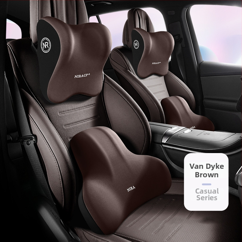 Automobiļa jostas atbalsta un galvas balsts ar atmiņas putām, materiāls Milk Silk, raksts Buddo, iespēja logotipa drukāšanai, universāla savietojamība