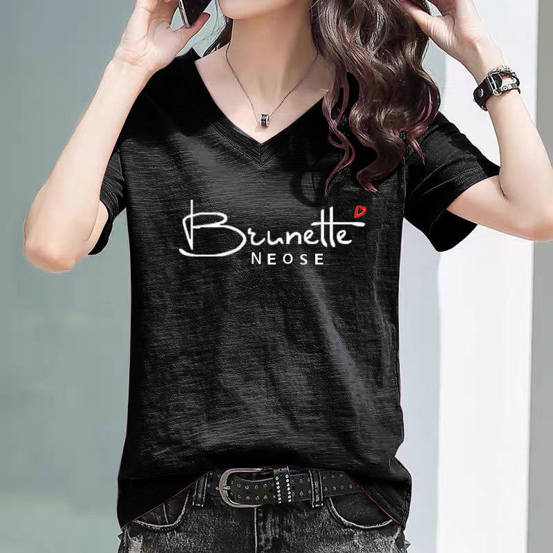 Ženski T-shirt s V-izrezom, kratkim rukavom, slub pamuk, široka silueta, korejski stil