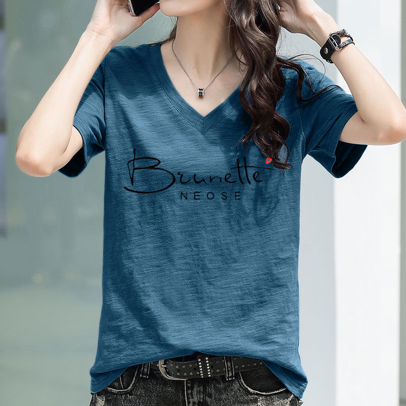 Ženski T-shirt s V-izrezom, kratkim rukavom, slub pamuk, široka silueta, korejski stil