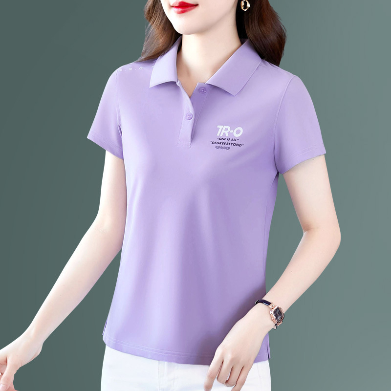 Ženski kratki rukav polo majica od Milk Silk tkanine, 95% poliester, 3D uzorak, slobodan kroj, polo ovratnik.
