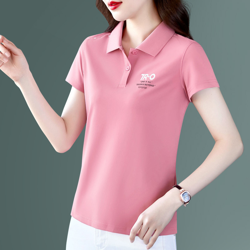 Ženski kratki rukav polo majica od Milk Silk tkanine, 95% poliester, 3D uzorak, slobodan kroj, polo ovratnik.