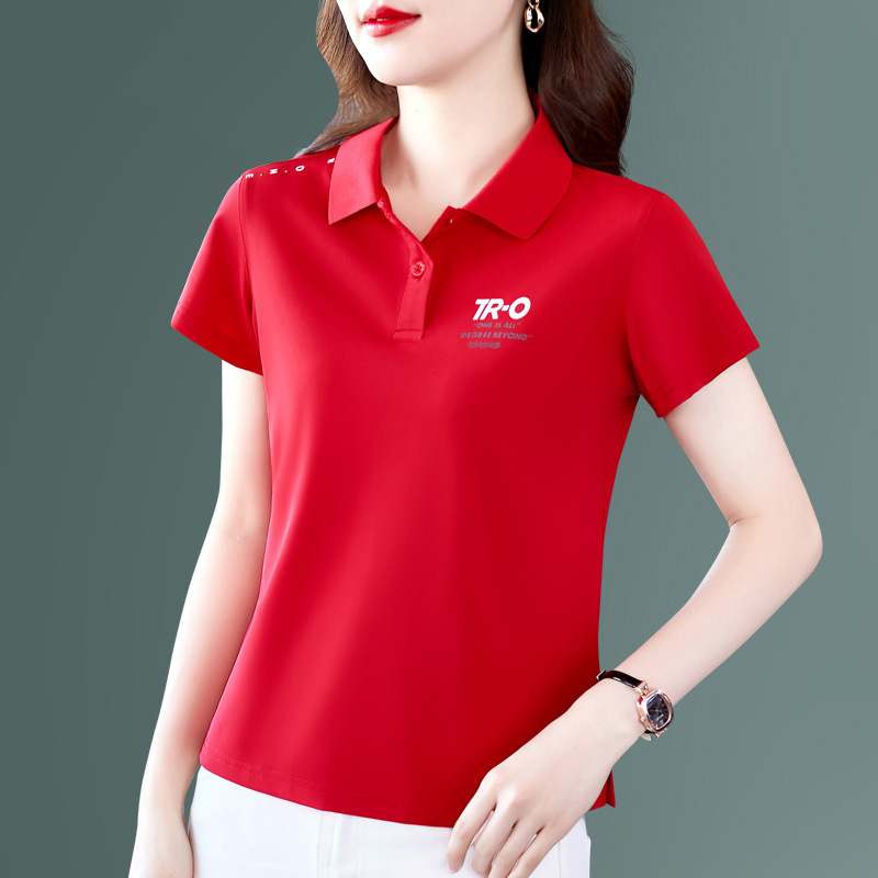 Ženski kratki rukav polo majica od Milk Silk tkanine, 95% poliester, 3D uzorak, slobodan kroj, polo ovratnik.