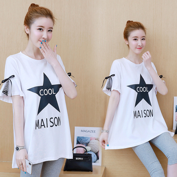 Σετ τοπ εγκύου για Καλοκαίρι, Κορεάτικο στυλ, μεσαίου μήκους, μοτίβ Cartoon, λαιμόκοψη crewneck, κοντό μανίκι, ύφασμα Milk Silk με 50% βαμβάκι, πολυεστέρας 30–50%, εκτύπωση