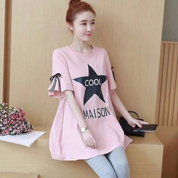 Σετ τοπ εγκύου για Καλοκαίρι, Κορεάτικο στυλ, μεσαίου μήκους, μοτίβ Cartoon, λαιμόκοψη crewneck, κοντό μανίκι, ύφασμα Milk Silk με 50% βαμβάκι, πολυεστέρας 30–50%, εκτύπωση