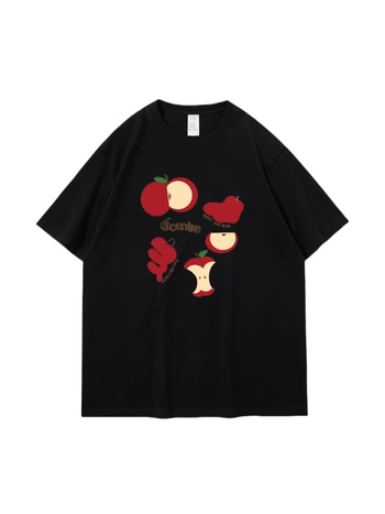 Ženski pamukasti T-shirt s tiskom crvenog jabuka, udoban slobodan kroj, bijela boja, okrugli izrez, kratkih rukava