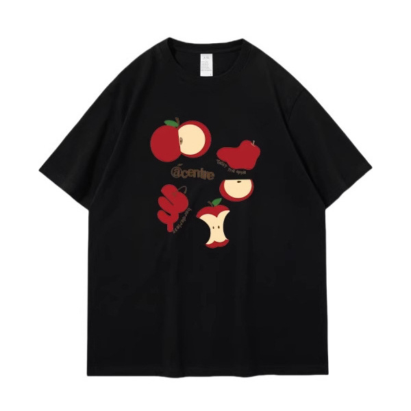 Ženski pamukasti T-shirt s tiskom crvenog jabuka, udoban slobodan kroj, bijela boja, okrugli izrez, kratkih rukava