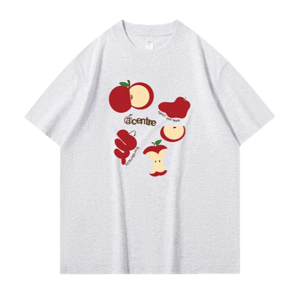 Ženski pamukasti T-shirt s tiskom crvenog jabuka, udoban slobodan kroj, bijela boja, okrugli izrez, kratkih rukava