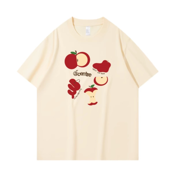 Ženski pamukasti T-shirt s tiskom crvenog jabuka, udoban slobodan kroj, bijela boja, okrugli izrez, kratkih rukava
