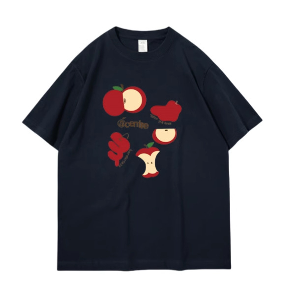 Ženski pamukasti T-shirt s tiskom crvenog jabuka, udoban slobodan kroj, bijela boja, okrugli izrez, kratkih rukava
