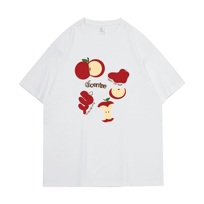Ženski pamukasti T-shirt s tiskom crvenog jabuka, udoban slobodan kroj, bijela boja, okrugli izrez, kratkih rukava