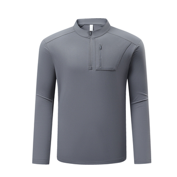 Unisex garu piedurkņu T-krekls ar pusatzipu un stāvošu kaklu, poliestera/elastāna maisījums