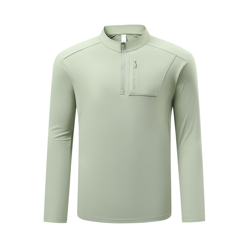 Unisex garu piedurkņu T-krekls ar pusatzipu un stāvošu kaklu, poliestera/elastāna maisījums