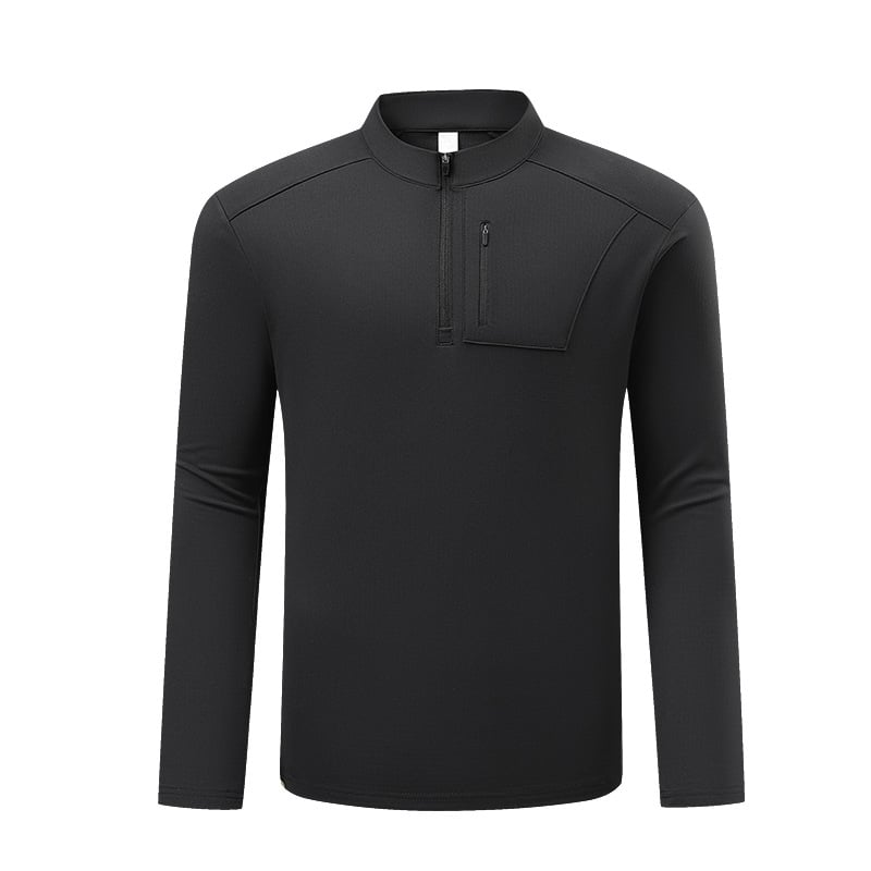 Unisex garu piedurkņu T-krekls ar pusatzipu un stāvošu kaklu, poliestera/elastāna maisījums