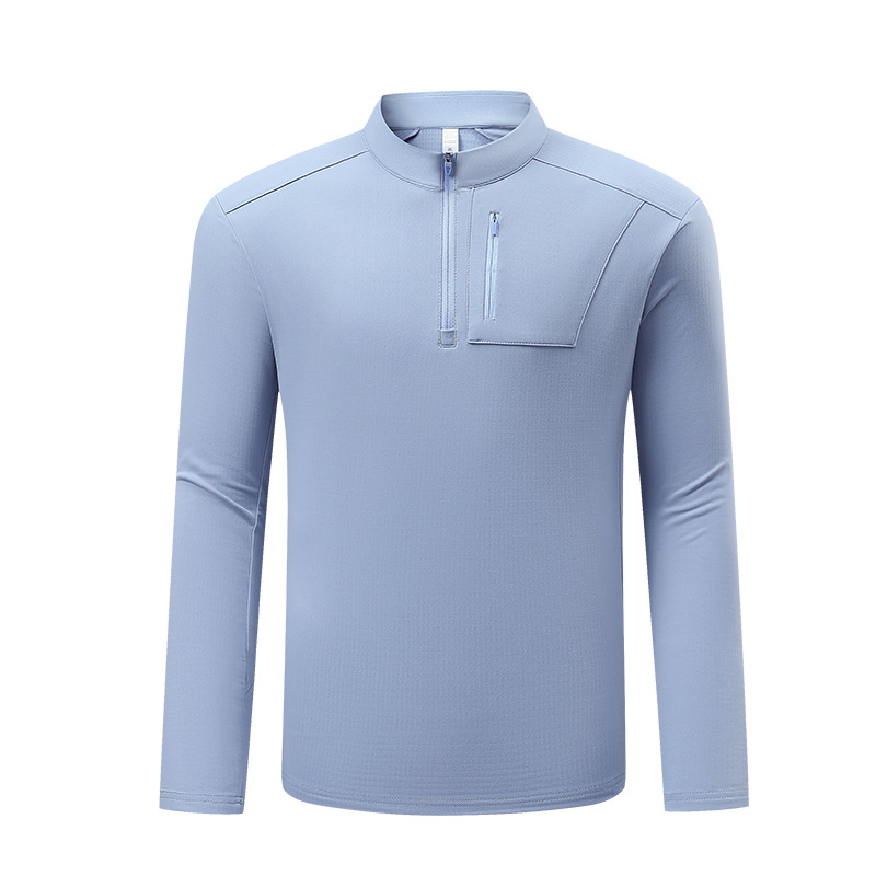 Unisex garu piedurkņu T-krekls ar pusatzipu un stāvošu kaklu, poliestera/elastāna maisījums