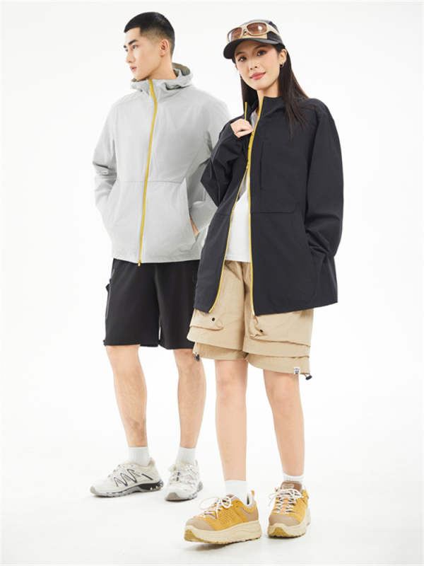 Uniszex kültéri szélvédő dzseki UPF50+, gyorsan száradó, légáteresztő, könnyű, anyag 88% nylon, 12% spandex, kapucnival