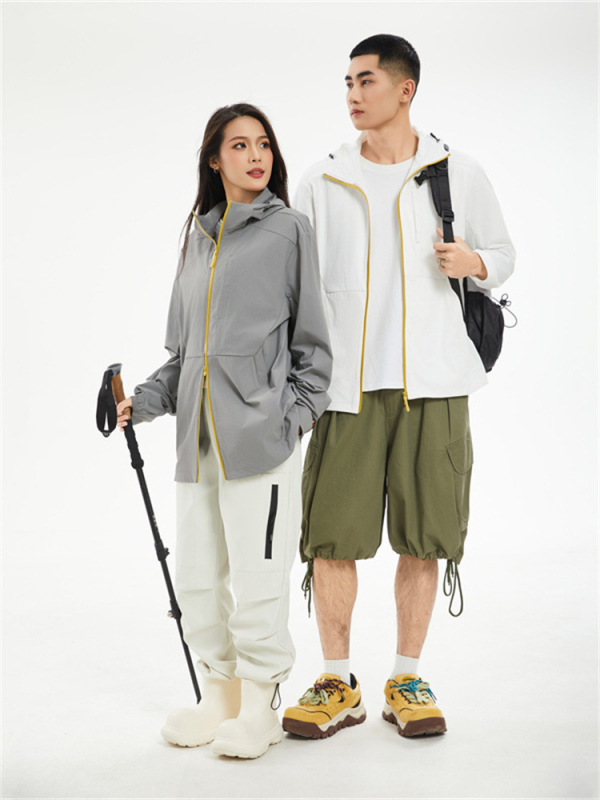 Uniszex kültéri szélvédő dzseki UPF50+, gyorsan száradó, légáteresztő, könnyű, anyag 88% nylon, 12% spandex, kapucnival