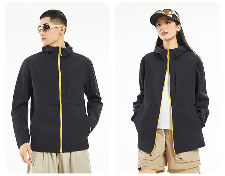 Uniszex kültéri szélvédő dzseki UPF50+, gyorsan száradó, légáteresztő, könnyű, anyag 88% nylon, 12% spandex, kapucnival