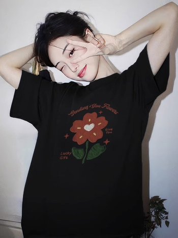 Retro crna ženska majica kratkih rukava s floralnim uzorkom, 100% pamuk, moderan ljetni top