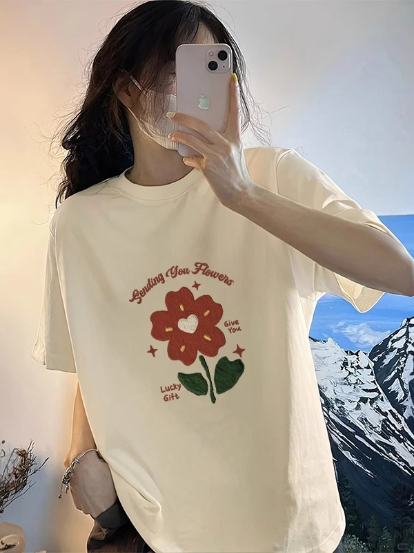 Retro crna ženska majica kratkih rukava s floralnim uzorkom, 100% pamuk, moderan ljetni top
